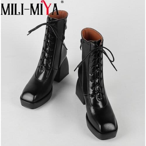 MILI-MIYA European American Fashion Square Toe Zipper Women Shoes Platform Thick Heel Cross Tied Top Quality Leather Ankle Boots