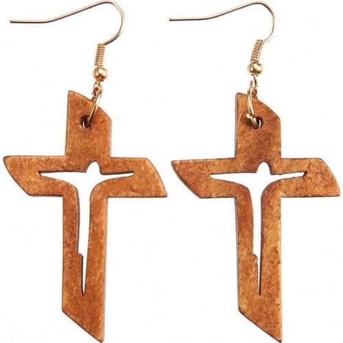 Natural Wood Jesus Cross Drop Earrings for Women Fashion Good Friend Jewelry Accessories Wholesale