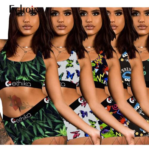 Echoine 2021 Women Sexy Print Swimsuit Sports Bikini Crop Tank Tops Shorts Fitness Two Piece Set Yoga Suit Beachwear Tracksuits