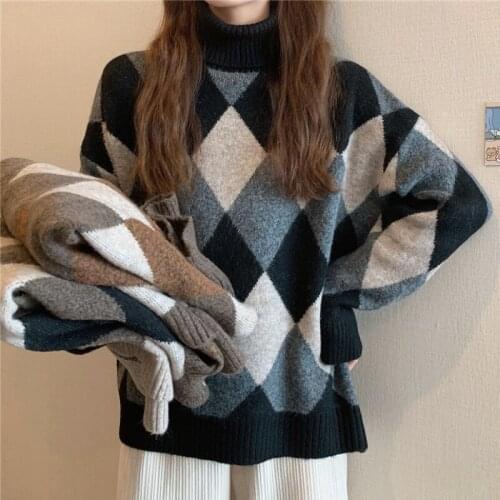 Womens Turtleneck Sweater 2021 Autumn Winter Retro Fashion Casual Wild Diamond Pattern Design Thicken Long Knit Jumper Sweaters