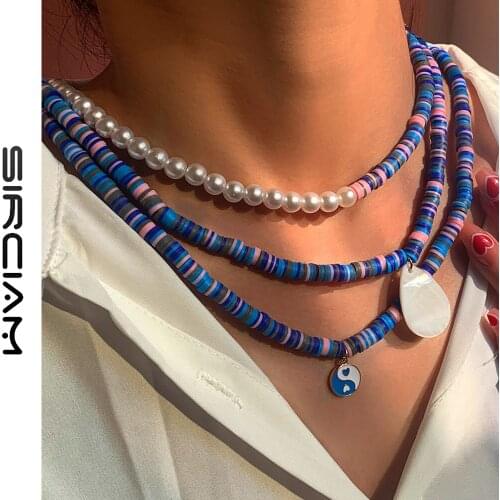 Enthic Blue Yin Yang Shell Soft Pottery Beaded Necklace For Women Imitation Pearls Choker Handmade Clay Bead Bohemian Jewelry