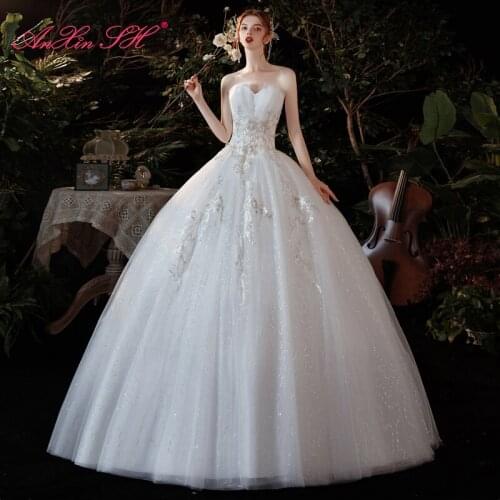 AnXin SH princess french retro flower white lace wedding dress vintage strapless beading crystal ruffles bride wedding dress