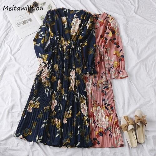 Vintage Floral Print Midi Dress 2021 Women Spring Long Sleeve Bohemian Dress Korean Elegant High Waist Party Dresses