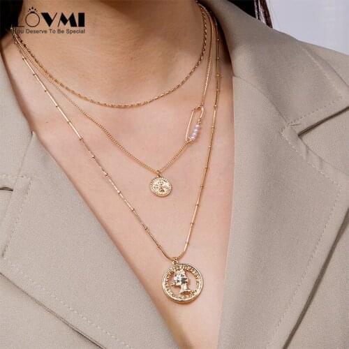 2021 Fashion Gold Plate Multi-layers Chain Necklace For Women Beauty Head Round Coin Pearl Gothic Accessories Pendant Jewelry