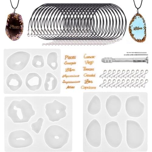 56Pcs Pendant Necklace Making Tools Set Stone Silicone Molds Leather Cord Rope Constellation Letters Twist Drill Jewelry Casting