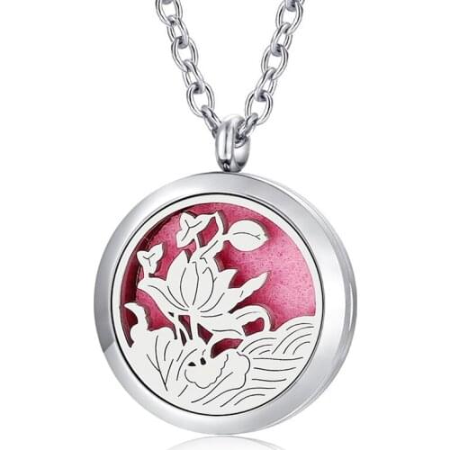 Free with Chain as Gift! 30mm Magnetic Silver color Lotus Diffuser Necklace 316L Stainless Steel Perfume Locket Pendant Necklace