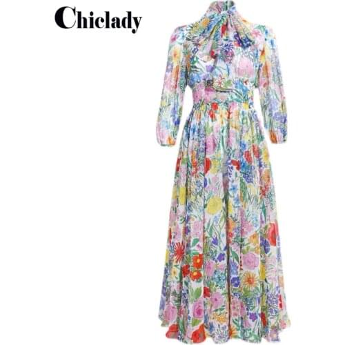 CHICLAYD runway designer floral printed bow collar chiffon summer dresses light for women midi high waist party casual dress new