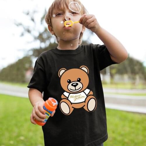 Childrens Bear Series Tee Cute Teddy Bear Printed 100% Cotton Casual Short-sleeved T-shirt Boys and Girls Fun Shirt