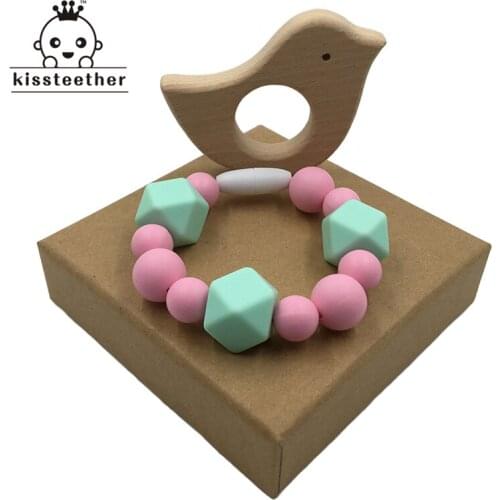 Baby Teether Wood Bird Animals Silicone Beads Pram Toy Silicone Teether Nursing Bracelet Crib Toys Rattles