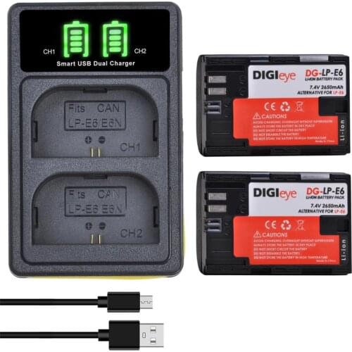 2Pcs LP-E6 LP-E6N LPE6 Battery + LED Dual Charger for Canon EOS 5D Mark II/III/IV, 5DS, 6D, 7D, 60D, 70D, 80D,90D,EOS R,R5,R6,RP