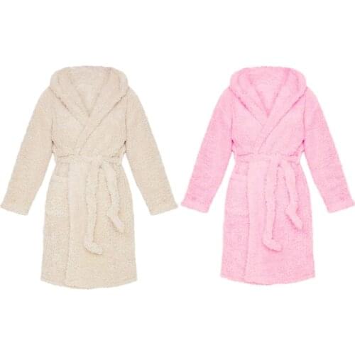 Women Winter Warm Fluffy Plush Long Bathrobe Cartoon Bear Ear Hooded Kimono Solid Color Nightrobe Loungewear with Pocket
