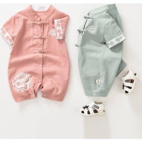 New baby short sleeve jumpsuit Chinese style climbing suit cotton and linen good quality
