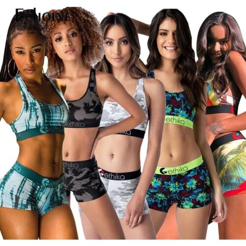 Echoine summer Women Sexy Printed Two Piece Set Crop Top Biker Shorts Suit Bodycon Suits Tracksuit Set Fitness Clothing Outfits