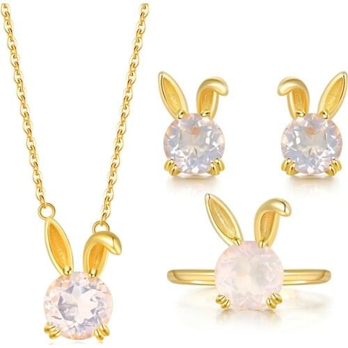 LAMOON Lovely Rabbit 925 Silver Gemstone Jewelry Set For Women Natural Rose Quartz 14K Gold Plated Fine Jewelry Girl Gift V082