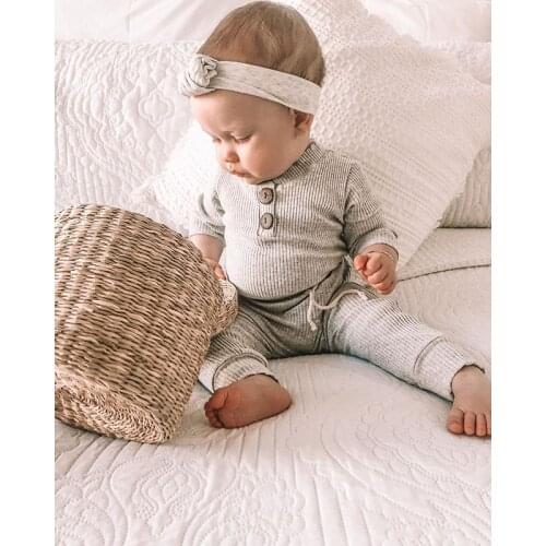 2 Pieces Cute Baby Suit Set Solid Color Round Neck Long Sleeve Romper And Trousers For Girls Boys Soft And Comfortable Casual