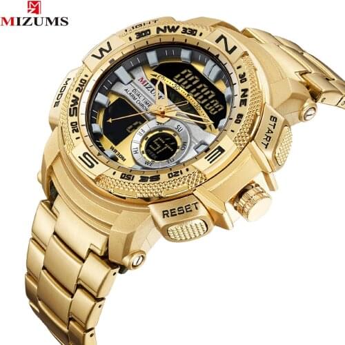 MIZUMS Luxury Gold Mens Watch full steel Military Wristwatch Digital Sport Watches Men Waterproof Quartz Clock relogio masculino