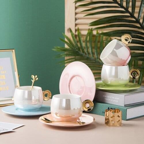 Fashion Luxury Gradient Color Coffee Cups With Saucers Nordic Home Decor Porcelain Tea Cup Saucer Creative Wedding Birthday Gift