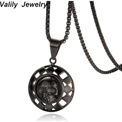 Valily Jewelry Mens punk Skull Pendant Necklace Stainless Steel Vintage Round Black Skeleton Necklaces for Man