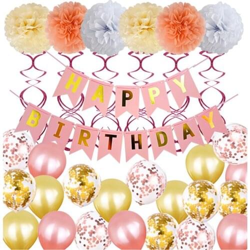 Pink Happy Birthday Banner Set Confetti Balloons Gold Circle Dots Garland and Cake Topper for Birthday Party Decoration