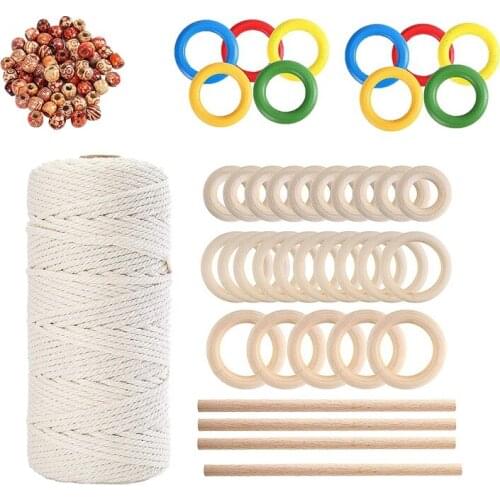 Macrame Cord Kit 3mm Cotton Rope with Wood Beads,Wood Ring and Wooden Stick for Plant Hangers,Knitting Macrame Craft DIY