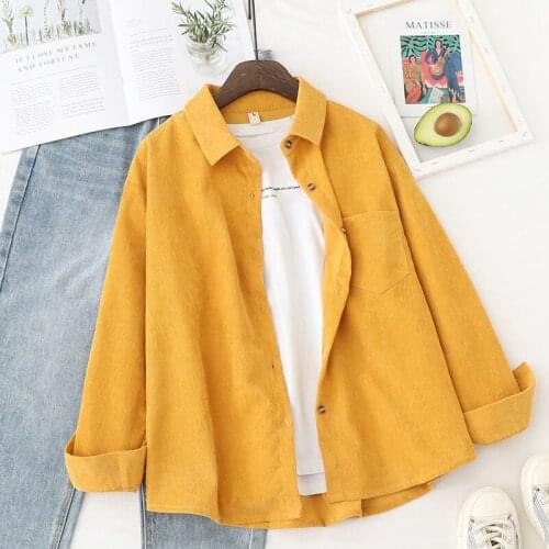 New Women Solid Corduroy Long Sleeve Vintage Blouse Turn-Down Collar Loose Top Button Up Shirt