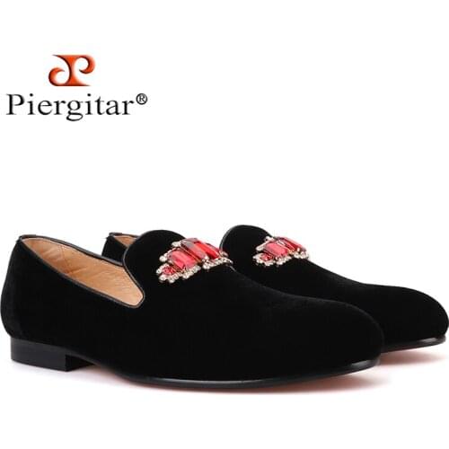 Piergitar 2019 new style Handmade men velvet shoes with luxurious Rhinestone Prom and Banquet mens loafers somking slippers
