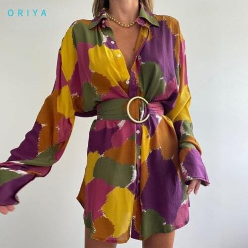 ORIYA 2021 Floral Print Long Sleeve Dress 3XL Women A Line With Belt Beach Summer Spring Sexy V Neck Casual Mini Dresses Holiday