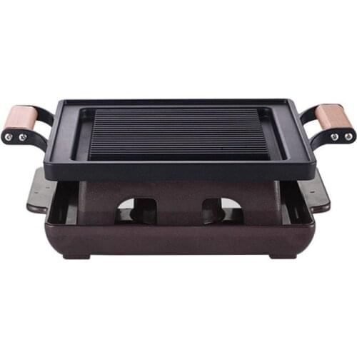 Portable square bbq grill non stick pan commercial Japanese Korean restaurant heater wooden handle small table barbecue grills