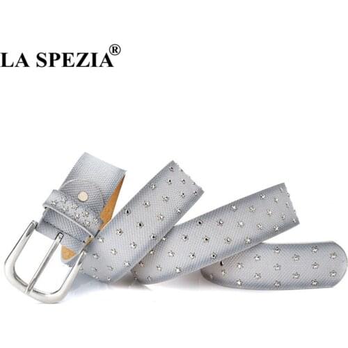 LA SPEZIA Leather Belt Women Rivet Grey Pin Belts Female Star Decorate Fashion Brand Genuine Cow Leather Ladies Belt For Jeans