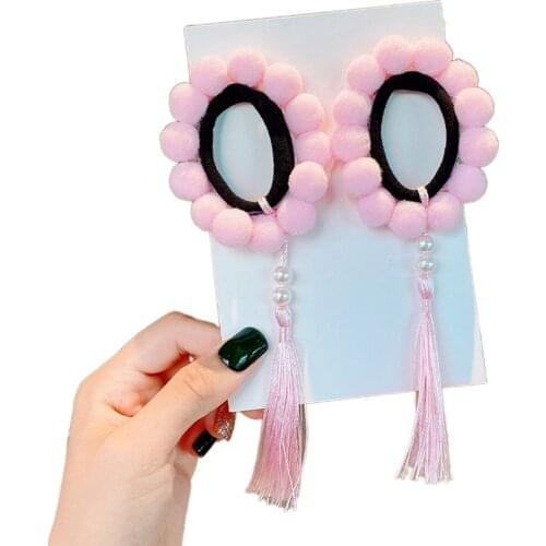 2pcs Pom Balls Tassel Elastic Hair Bands for Girls Updo Ponytail Holder Scrunchies Baby Kids Pompom Rubber Band Hair Accessories