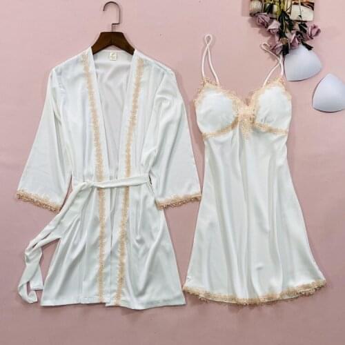 Sexy Satin Lace Robe Gown Sets 2PCS Womens Nighty Bathrobe Strap Nightgown Sexy Silky With Chest Pads Sleepwear Sleep Suit