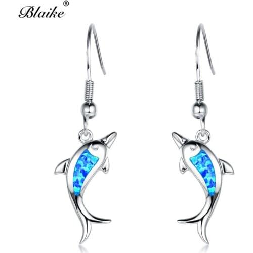 Blaike 925 Sterling Silver Dolphin Drop Earrings For Women Double Fish Ocean Blue Fire Opal Earrings Female Wedding Fine Jewelry