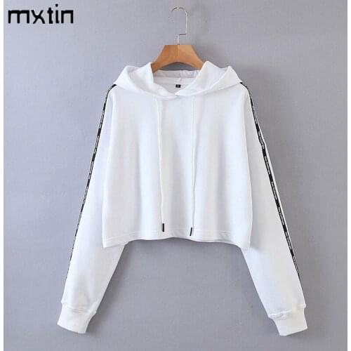 Vintage stylish loose hoodies crop sweatshirts women 2020 fashion long sleeve drawstring tied female pullovers casual coat