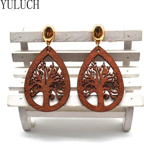YULUCH Wood Earring Alloy Ear Hooks Brown Shape Big Drops of Water Hollow Ladys Earrings Wood Earring Dangler