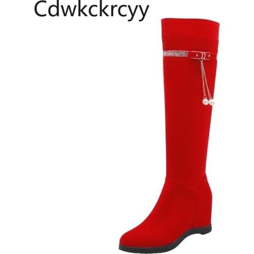 Winter The New fashion Round head Increase within Womens boots red Bow Plus velvet Keep warm High heel Women boots size 34-43