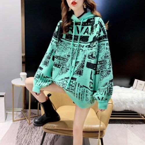 Large Size Womens Hooded Pullover Sweater Loose Korean Autumn Winter Lazy Style 2021 New Printed Knit Sweater Outer Wear e020