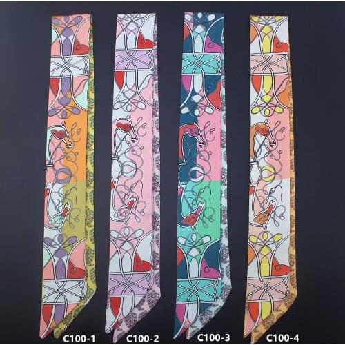 Chain Print Twill Silk Scarf For Women Small Tie Head Scarves Fashion Luxury Brand Hair Bag Ribbons Summer Small Skinny Scarf