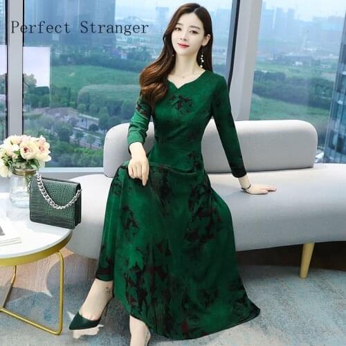 2020 Autumn New Arrival French Style V Collar Long Sleeve Flower Printed Women Knitting Cotton Long Dress