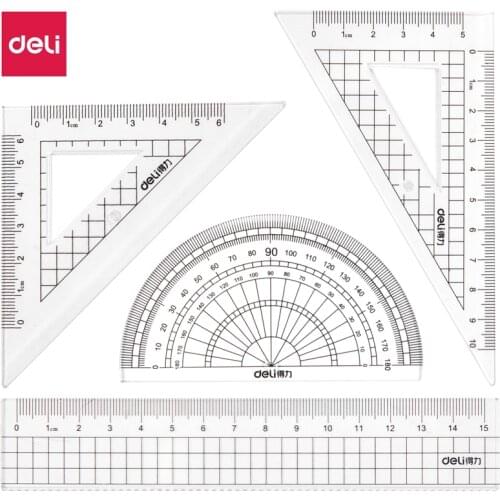 4pcs / set of Deli 72002 simple multi-functional drawing combination ruler + triangle protractor, student office supplies