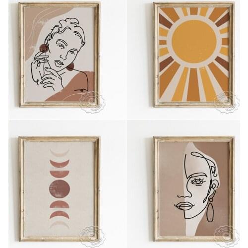 Abstract Sun Ray Art Prints Poster, Lunar Eclipse Scandinavian Wall Stickers, Woman Face Portrait Canvas Painting Home Decor