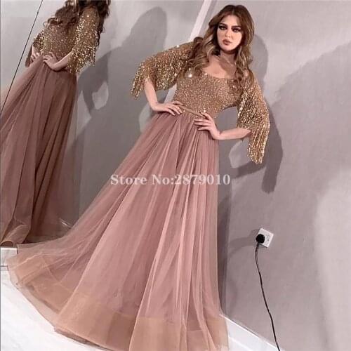 Sparkly Islamic A-Line Evening Dress Floor-Length Tassel Sequins Prom Dress Celebrity Dress Middle East Plus Size 2020 Dubai