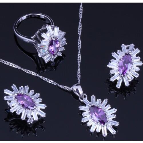 Brilliant Purple Cubic Zirconia White CZ Silver Plated Jewelry Sets Earrings Pendant Chain Ring V0240