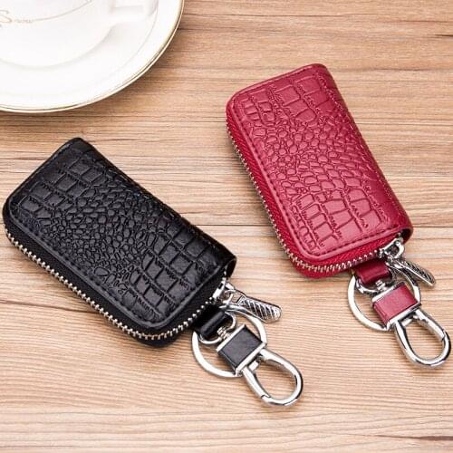Car Genuine Leather Key Case Full Cover CROCO Auto Truck Leather Zipper Holder Bag for Universal Car