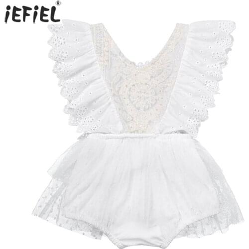Baby Girls Rompers Cute Ruffled Flutter Sleeves Lace Embroidery Romper Dress Summer V-Back Tulle Newborn Baby Romper Dress
