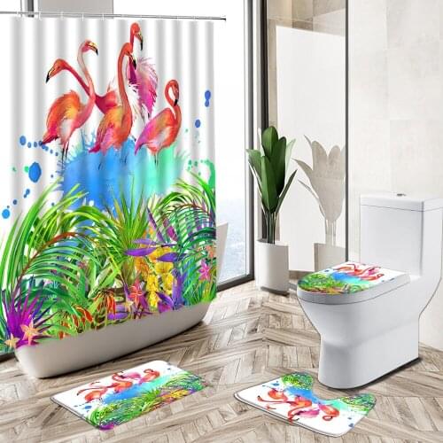 Flamingo Animal Print Shower Curtain Set European Tropical Green Plant Flower Non-Slip Rug Toilet Cover Bath Mat Bathroom Deco