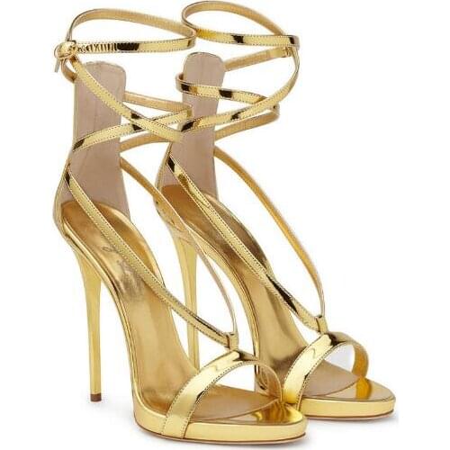 Summer Woman Gold Sliver Patent Leather Cross Cuts Out Sandals Ladys Stiletto Heels Open Toe Party Dress Shoes Size 34 46