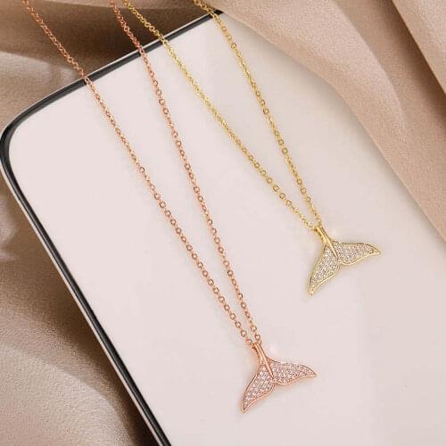 Sweet Luxury Rhinestone Inlaid Mermaid Tail Pendant Clavicle Necklace Fashion Elegant No Fade Stainless Steel Necklace Jewelry