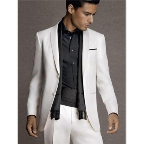 Custom Men Suit Latest Coat Pant Designs White Shawl Lapel Formal Groom Men Wedding Suit Dapper Custom Slim Fit Suits 2 Pieces