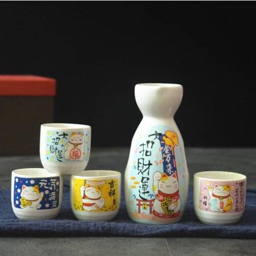 5-Piece Wine Set Ceramic Japanese Style Sake Drinkware 16 Pattern Maneki Neko Sakura Lucky Cat Wine Drinking Cup Bottle
