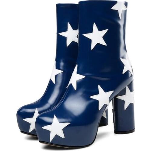 New Arrivals Womens Boots Ankle Blue Patent Leather Star Print Chunky Heels High Platform Boots Round toe Winter Ridding Boots